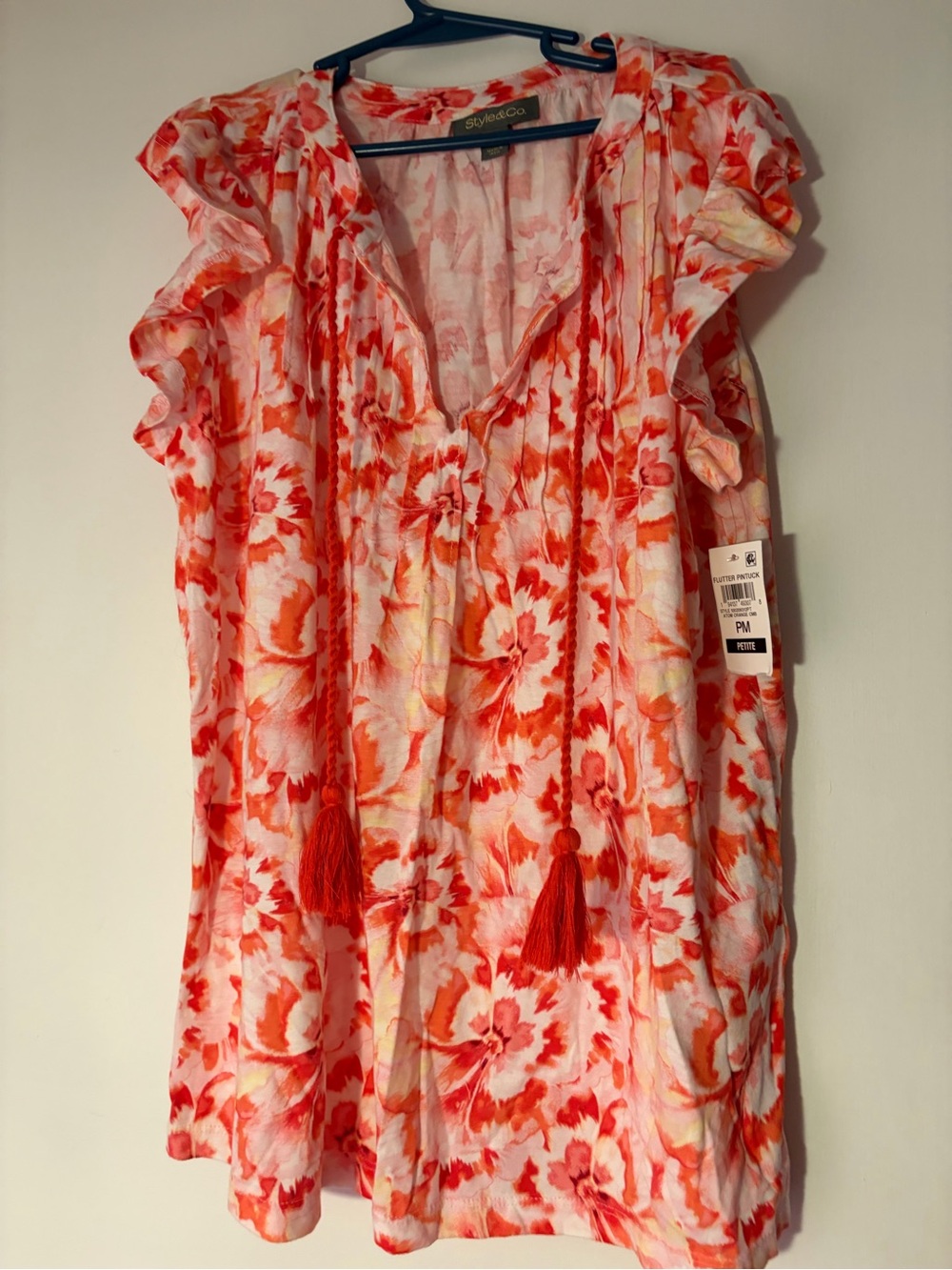 Style & Co. Coral Pink & Orange Floral Tie-Front Ruffle Sleeve Tunic